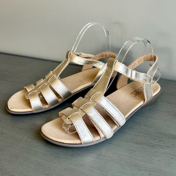 Hotter Sol Sandals Gold T Strap Leather Size 9 Strappy Leather Comfort Neutral - Picture 1 of 12